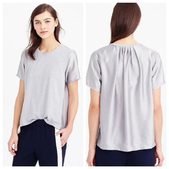 J. Crew Womens Popover Blouse XXS Gray Combo Crewneck T Shirt Pleated Back - Picture 1 of 7